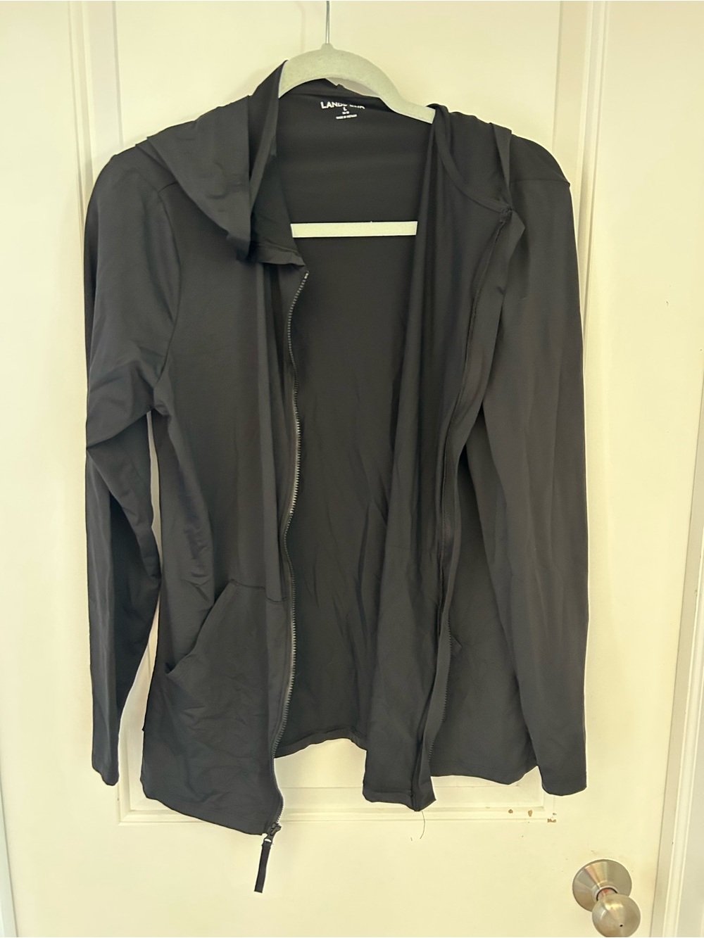 Lands' End Women's Black Hooded Lightweight Zip-Front Jacket